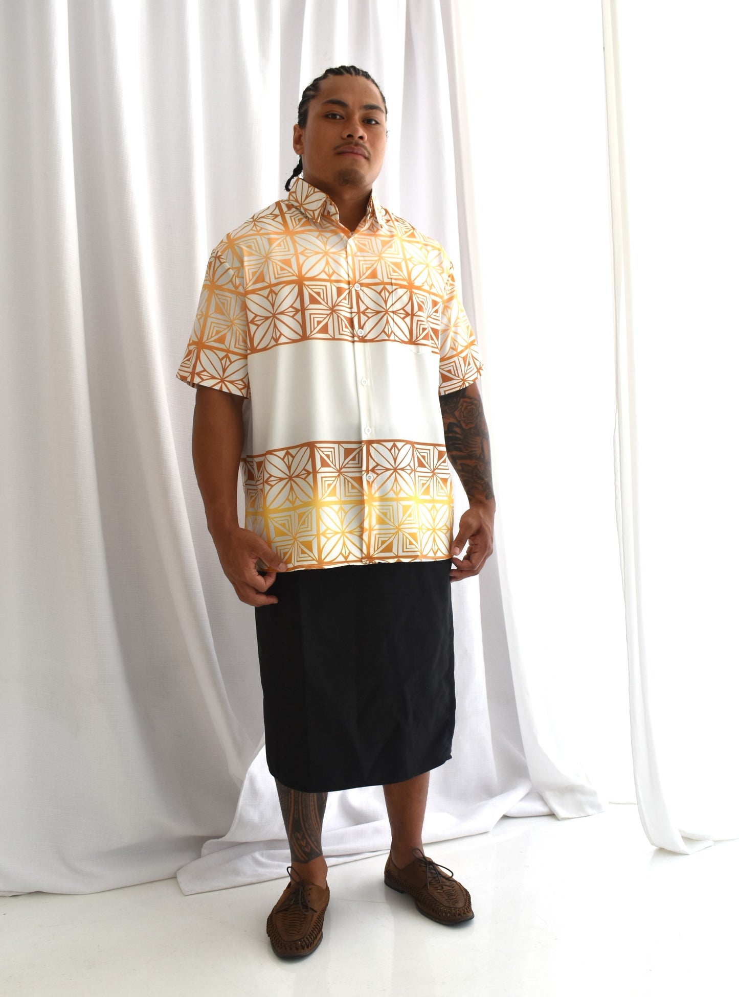 SIONE MENS SHIRT - COLLARED BUTTON UP - GOLD & WHITE