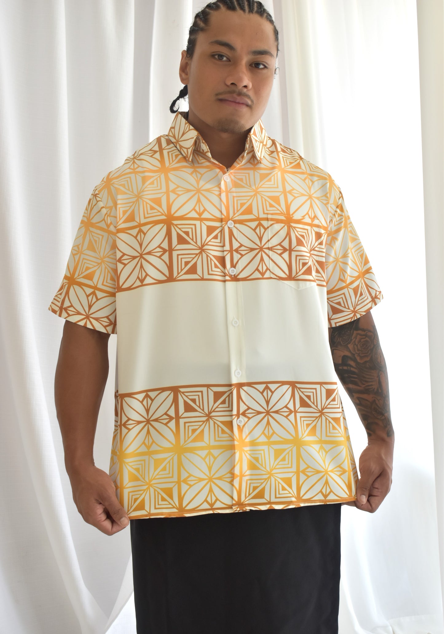 SIONE MENS SHIRT - COLLARED BUTTON UP - GOLD & WHITE