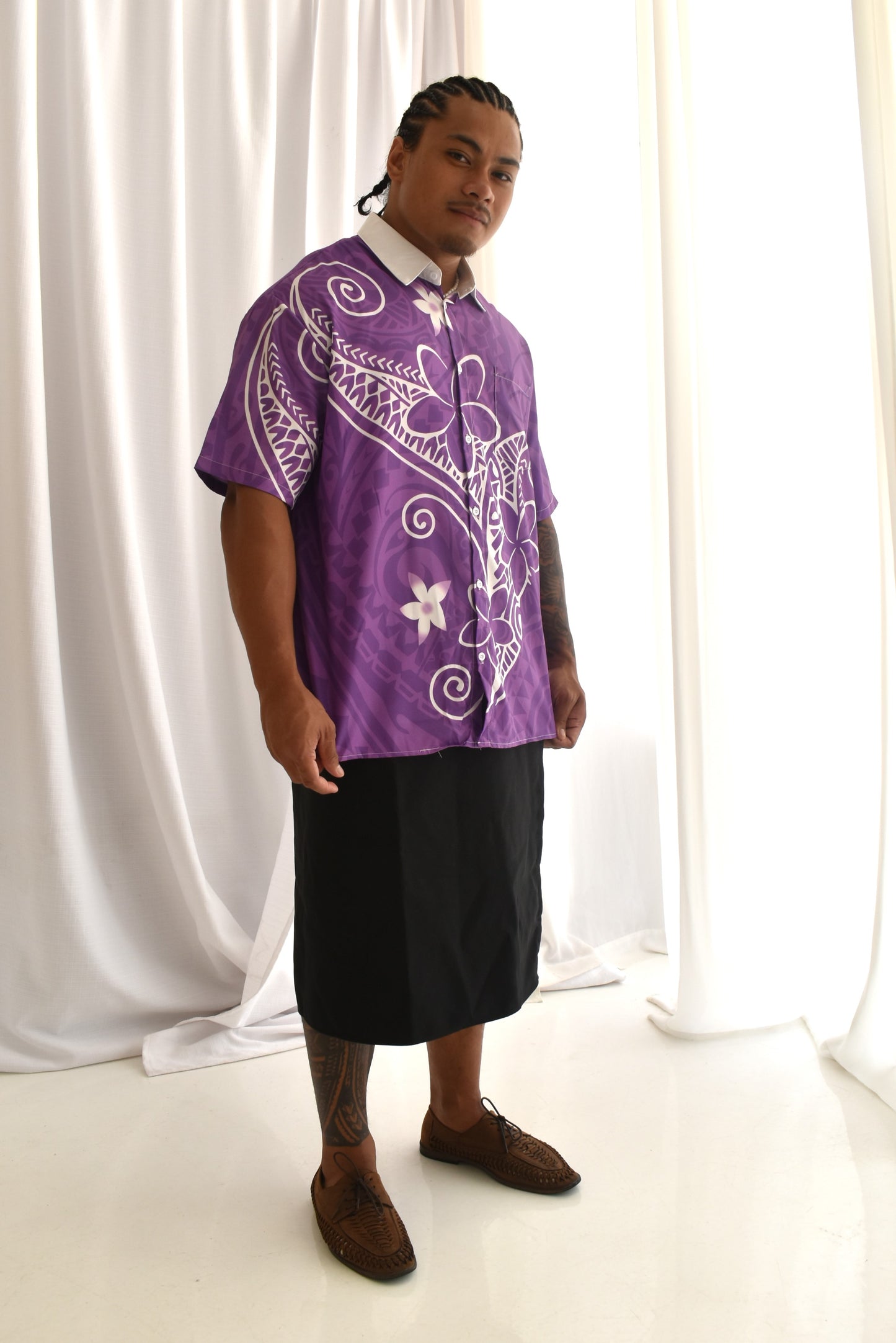 SAMUEL MENS SHIRT - COLLARED BUTTON UP - PURPLE & WHITE