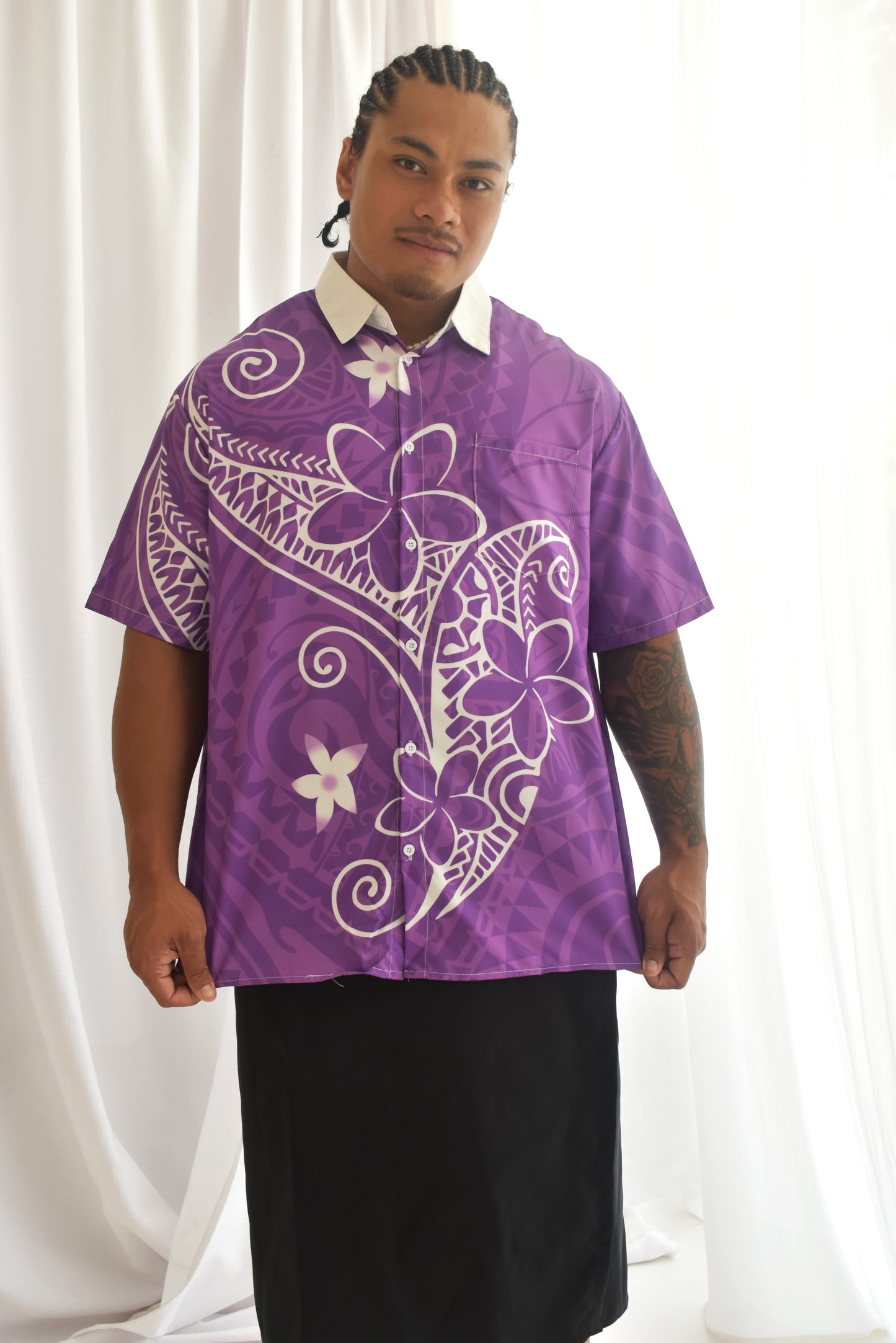 SAMUEL MENS SHIRT - COLLARED BUTTON UP - PURPLE & WHITE