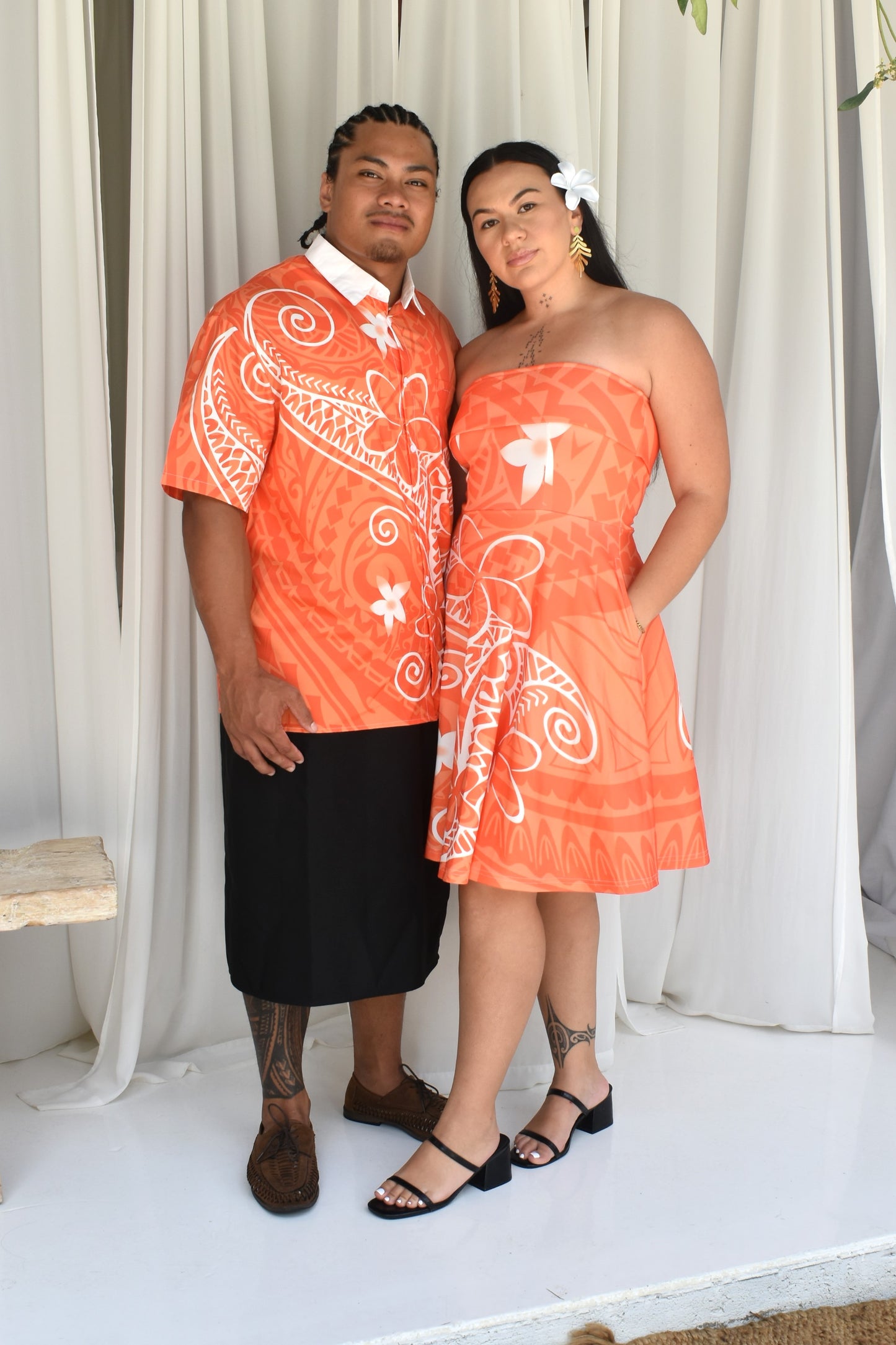 SOPHIA DRESS - STRAPLESS MIDI FLOWY DRESS - ORANGE & WHITE