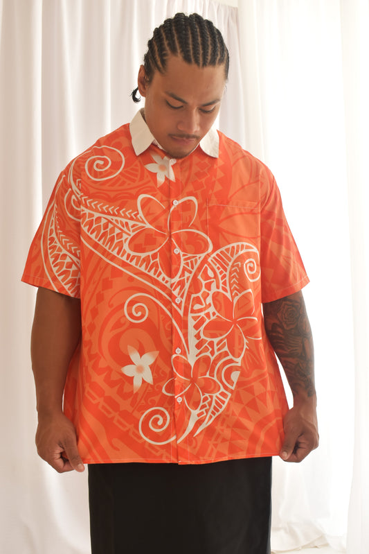 SAMUEL MENS SHIRT - COLLARED BUTTON UP - ORANGE & WHITE