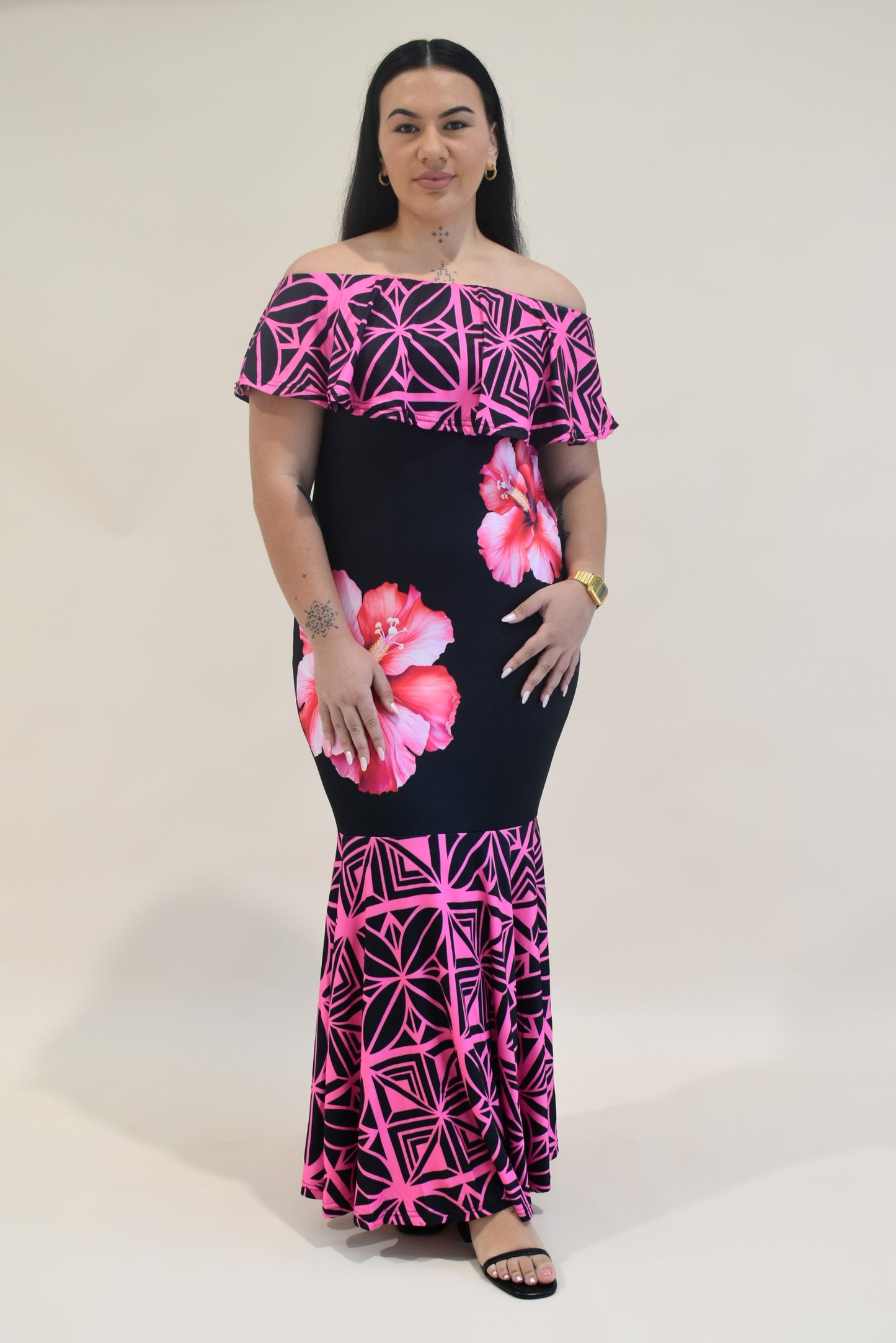 (PRE-ORDER) PINK TIARE - FRILL RUCHED MERMAID DRESS - PINK & BLACK