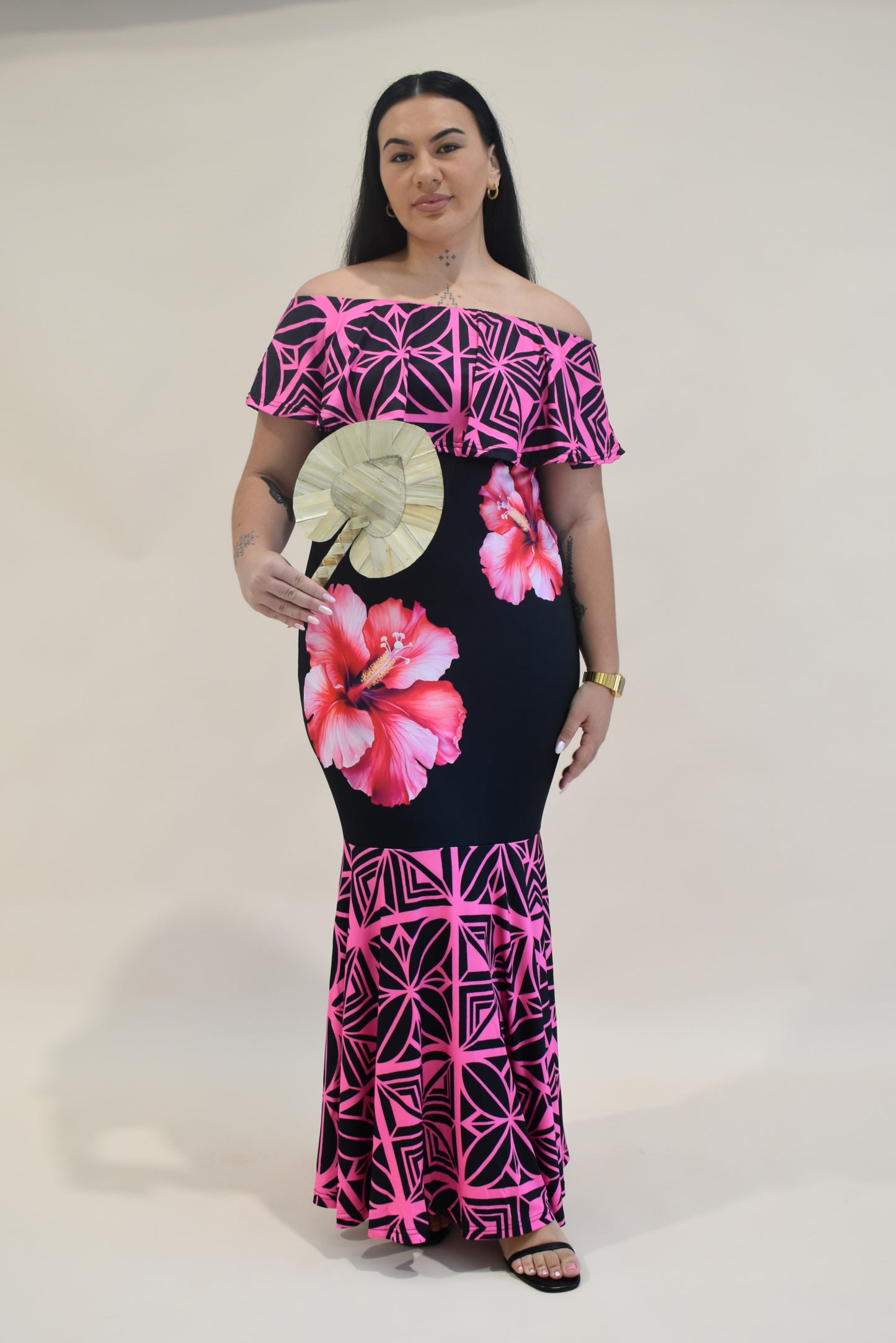 (PRE-ORDER) PINK TIARE - FRILL RUCHED MERMAID DRESS - PINK & BLACK