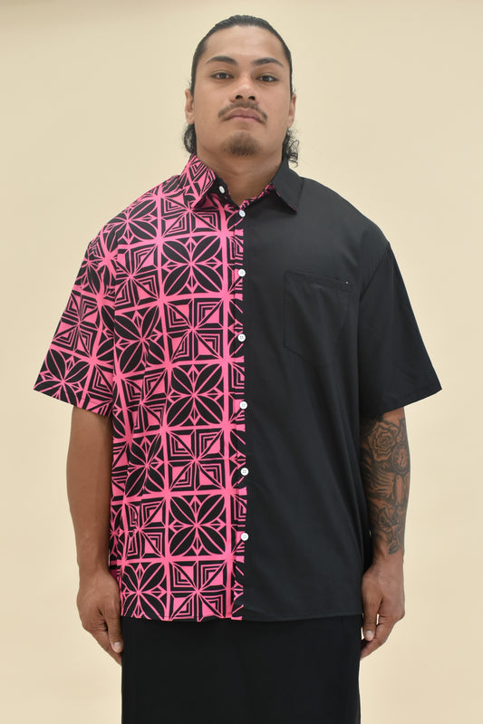 PINK TIARE- MENS SHIRT - COLLARED BUTTON UP - PINK & BLACK