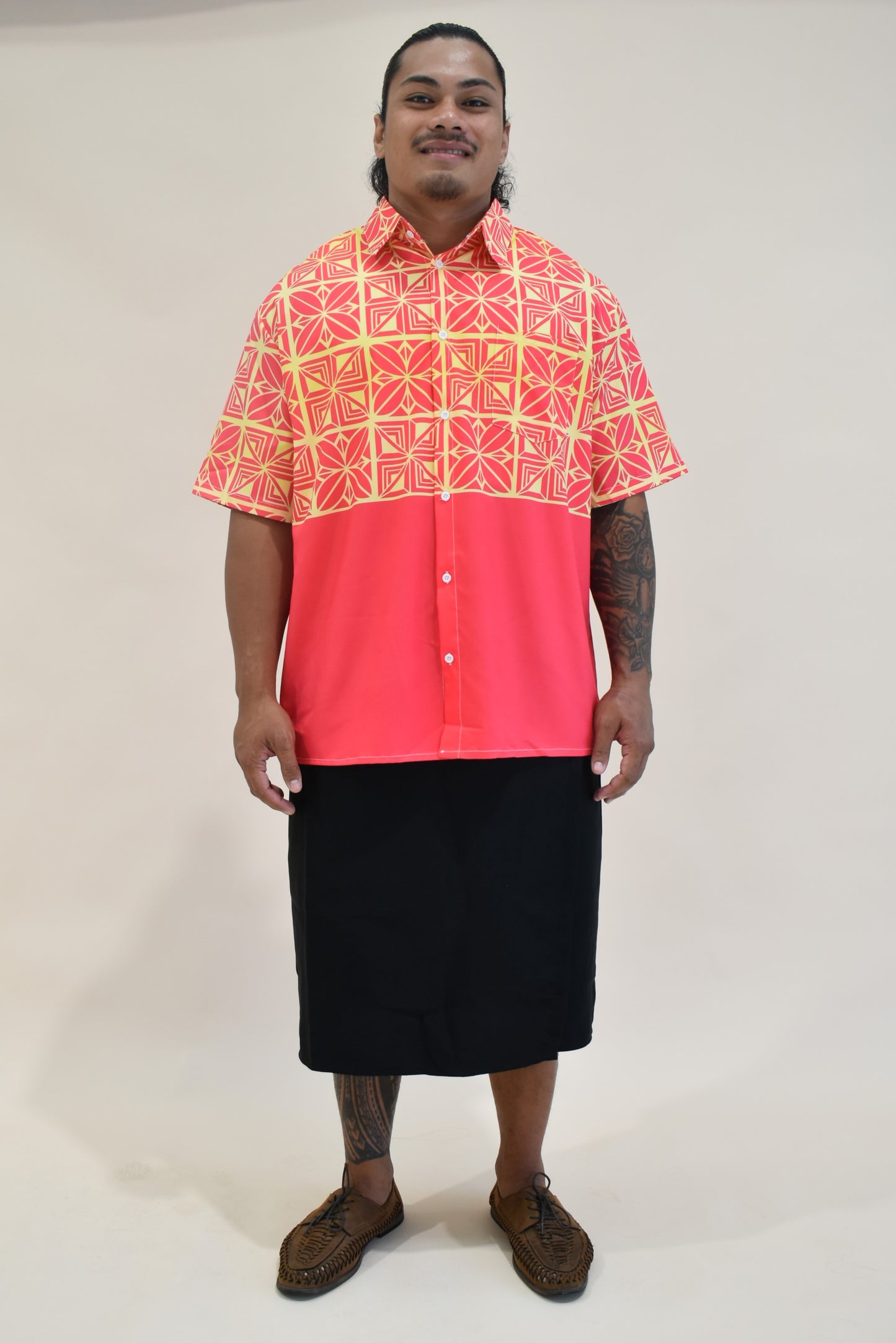 SIONE SHIRT - MENS SHIRT - COLLARED BUTTON UP - ORANGE YELLOW & PINK