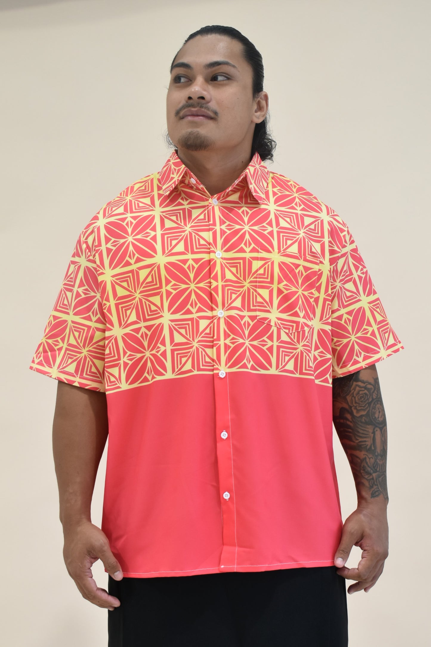 SIONE SHIRT - MENS SHIRT - COLLARED BUTTON UP - ORANGE YELLOW & PINK