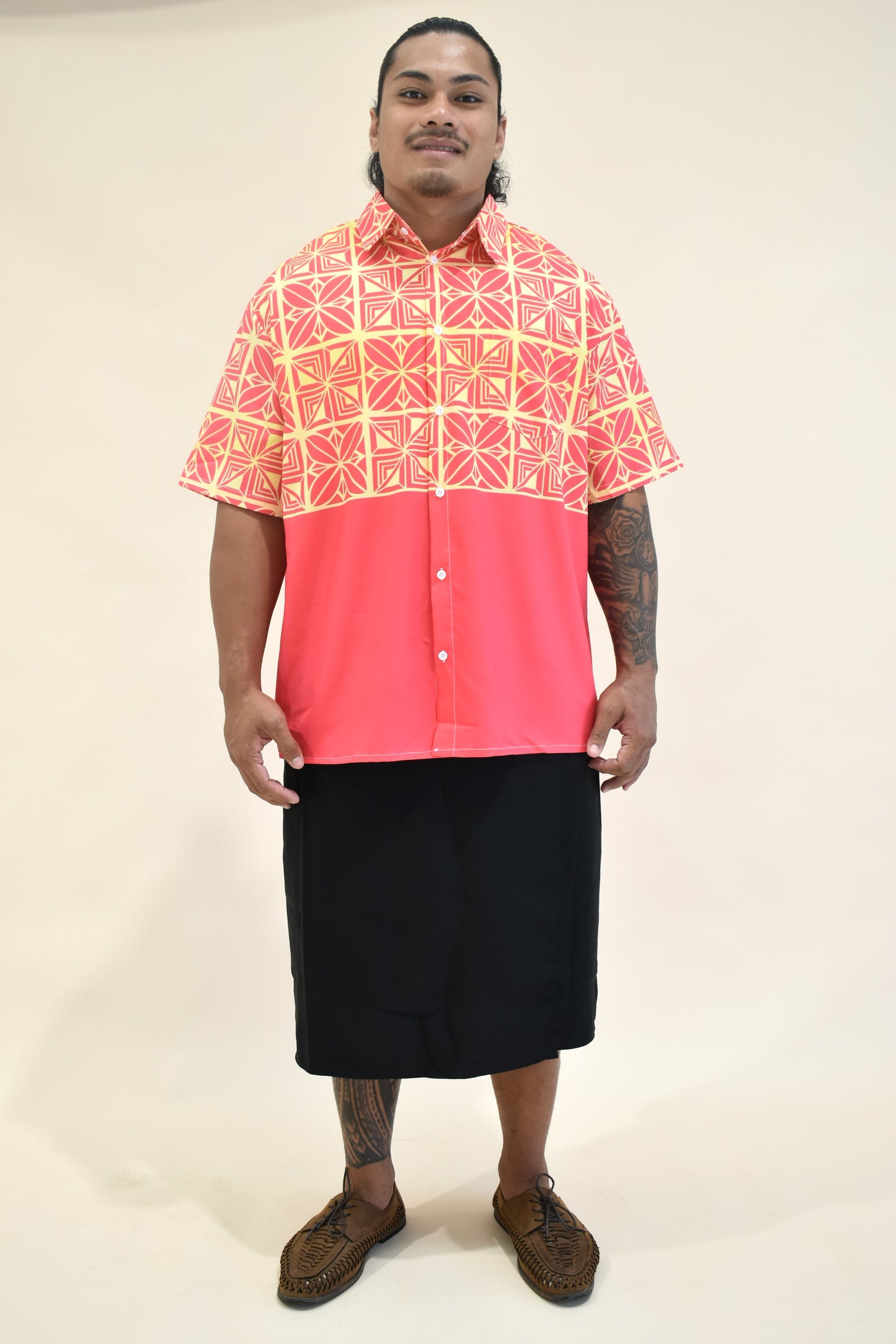 SIONE SHIRT - MENS SHIRT - COLLARED BUTTON UP - ORANGE YELLOW & PINK