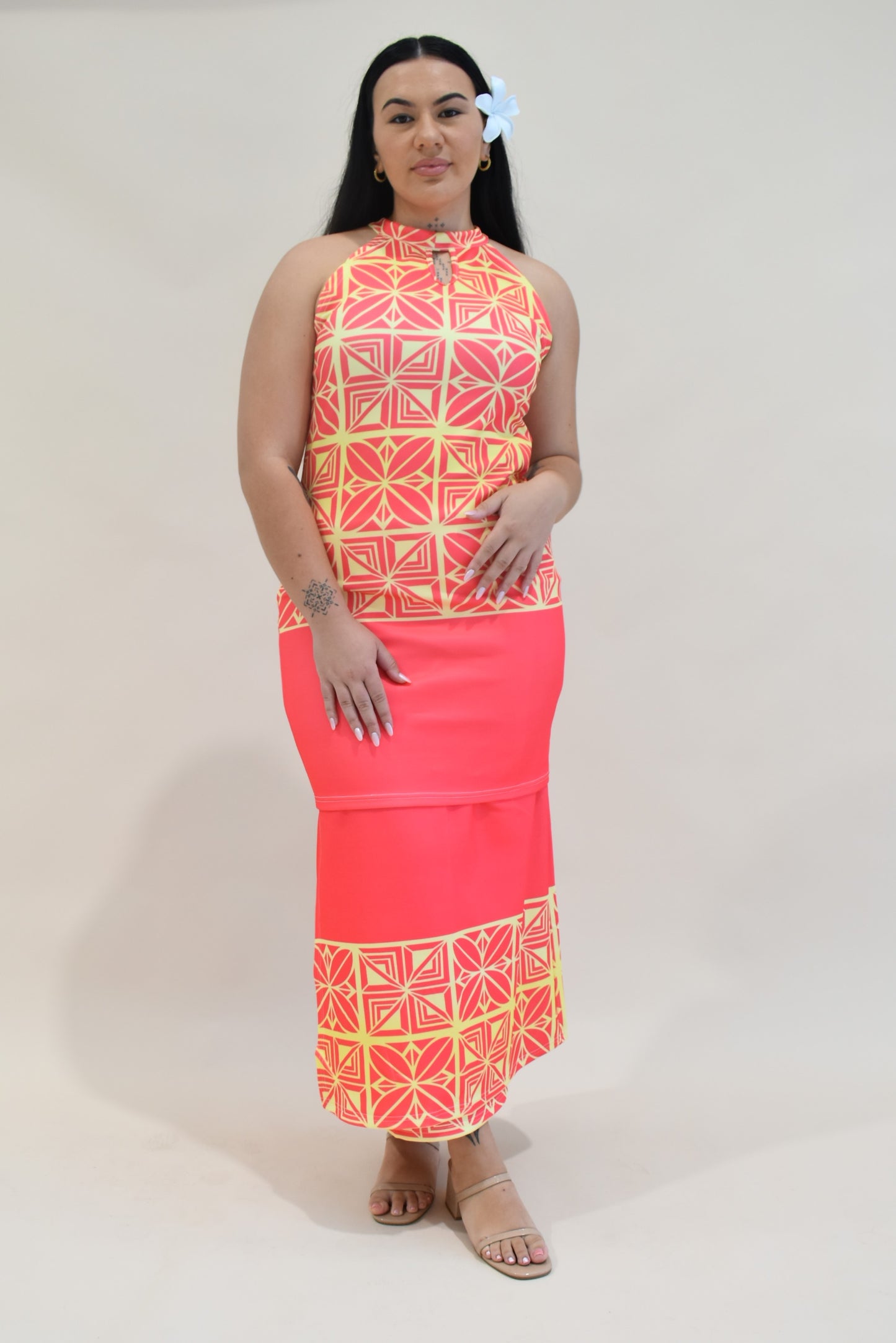 SISILIA PULETASI  - HALTER NECK PULETASI - TWO PIECE OUTFIT - ORANGE YELLOW & PINK