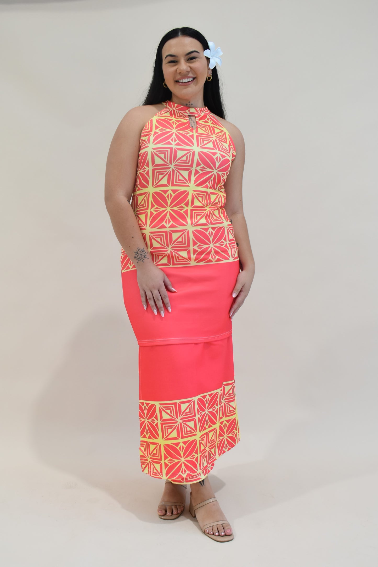 SISILIA PULETASI  - HALTER NECK PULETASI - TWO PIECE OUTFIT - ORANGE YELLOW & PINK