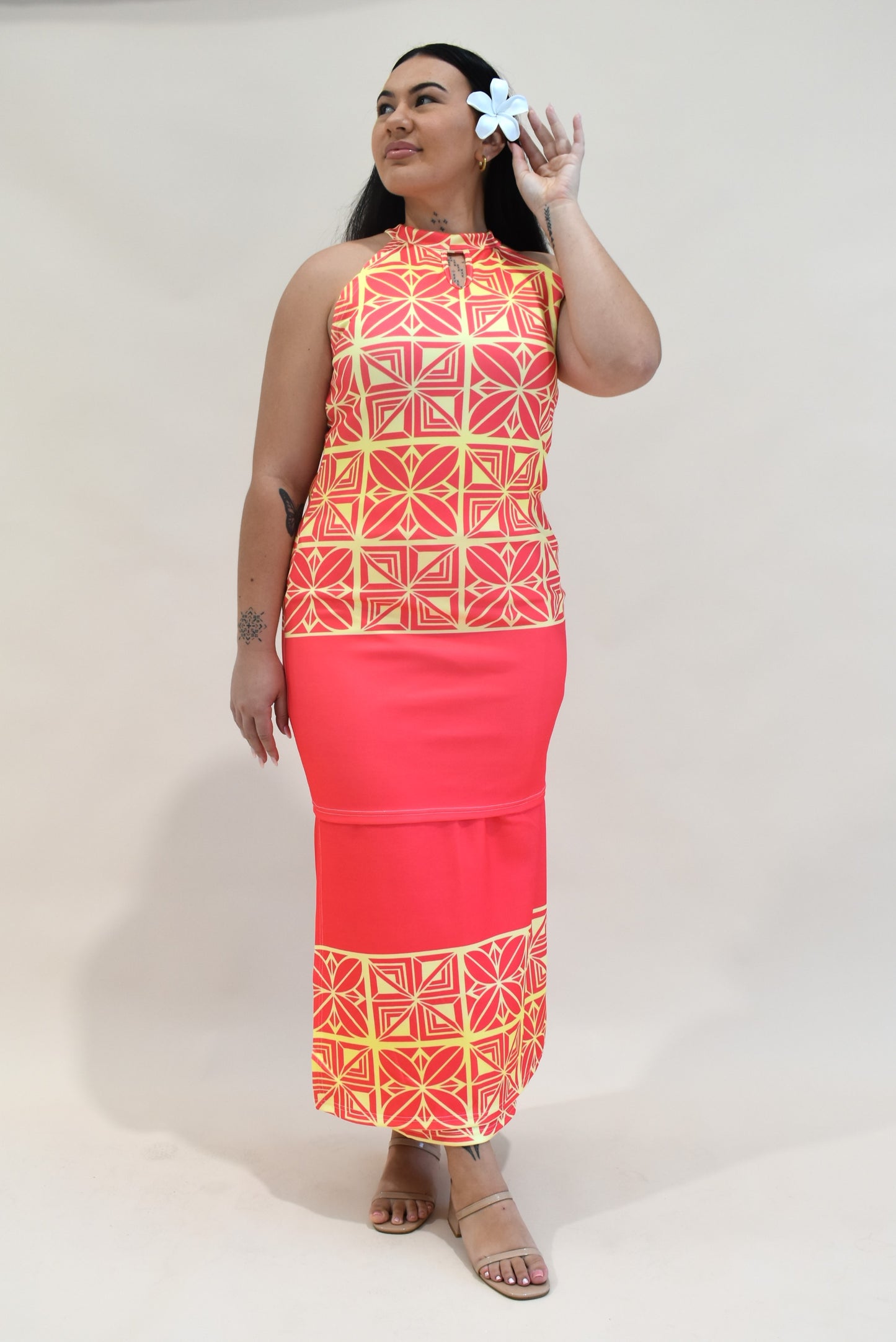 SISILIA PULETASI  - HALTER NECK PULETASI - TWO PIECE OUTFIT - ORANGE YELLOW & PINK