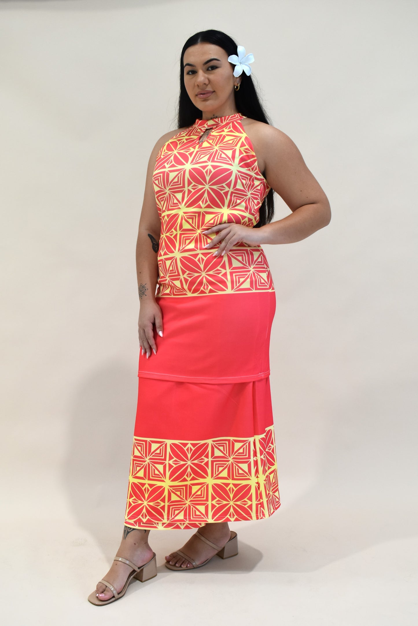 SISILIA PULETASI  - HALTER NECK PULETASI - TWO PIECE OUTFIT - ORANGE YELLOW & PINK