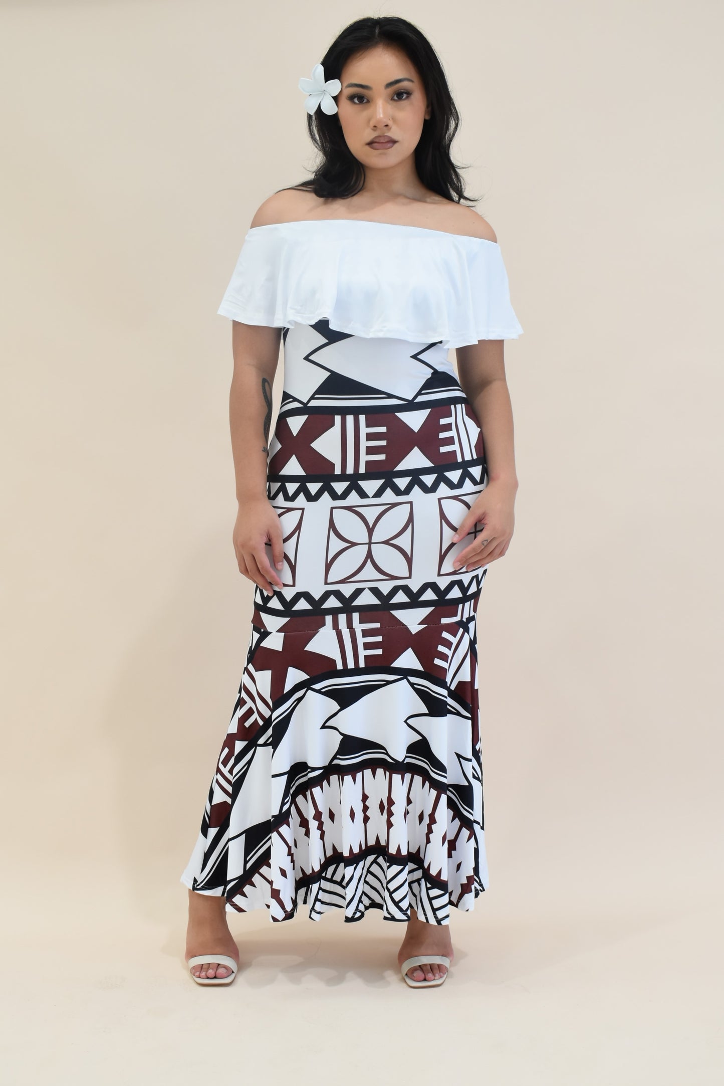 (PRE-ORDER) FRILL RUCHED MERMAID DRESS - WHITE MELANESIAN PATTERN