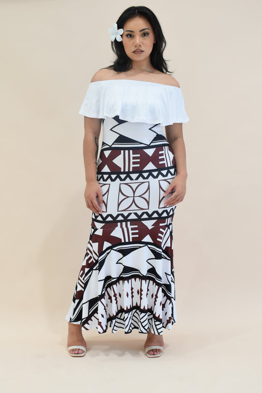 (PRE-ORDER) FRILL RUCHED MERMAID DRESS - WHITE MELANESIAN PATTERN