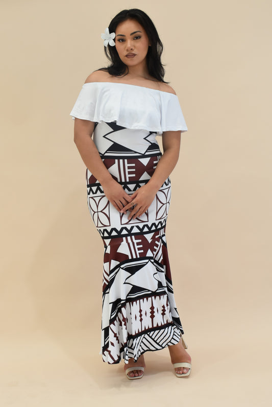(PRE-ORDER) FRILL RUCHED MERMAID DRESS - WHITE MELANESIAN PATTERN