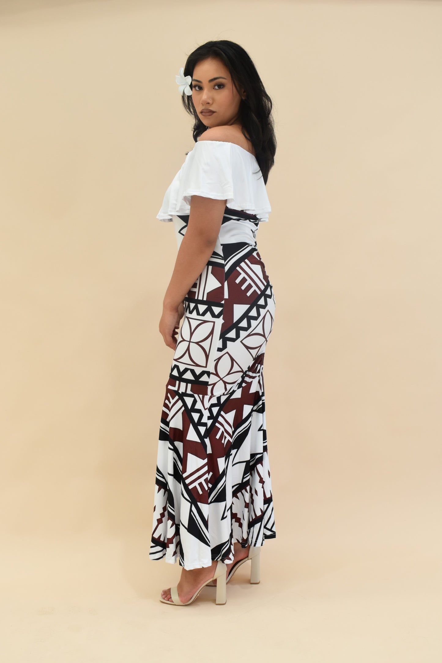 (PRE-ORDER) FRILL RUCHED MERMAID DRESS - WHITE MELANESIAN PATTERN