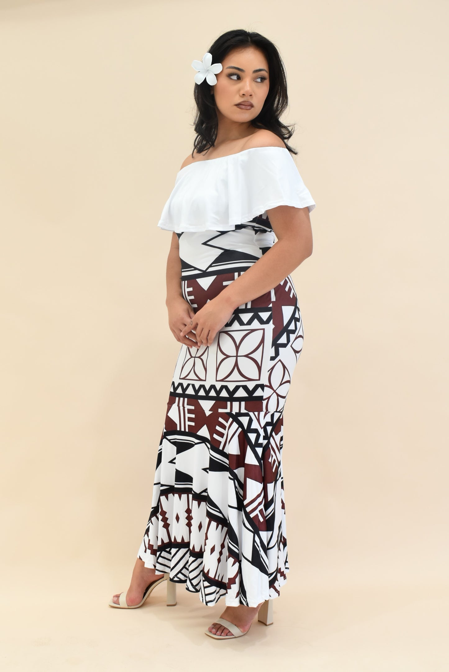 (PRE-ORDER) FRILL RUCHED MERMAID DRESS - WHITE MELANESIAN PATTERN