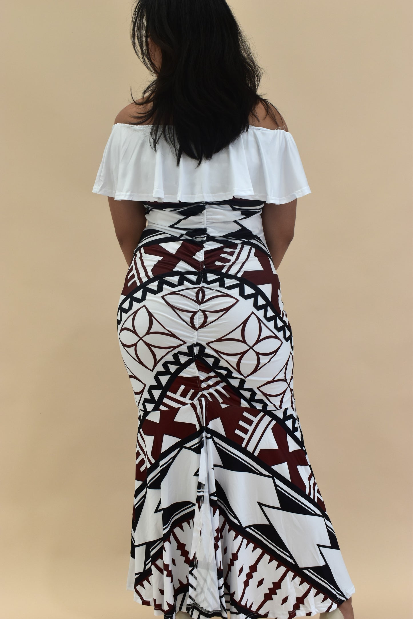 (PRE-ORDER) FRILL RUCHED MERMAID DRESS - WHITE MELANESIAN PATTERN