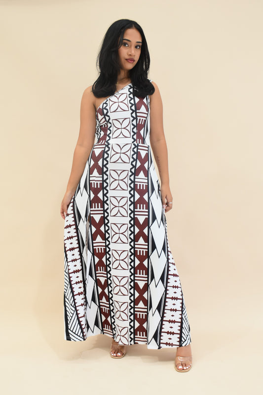 (PRE-ORDER) ARIHI DRESS - ONE SHOULDER MAXI DRESS - WHITE MELANESIAN PATTERN