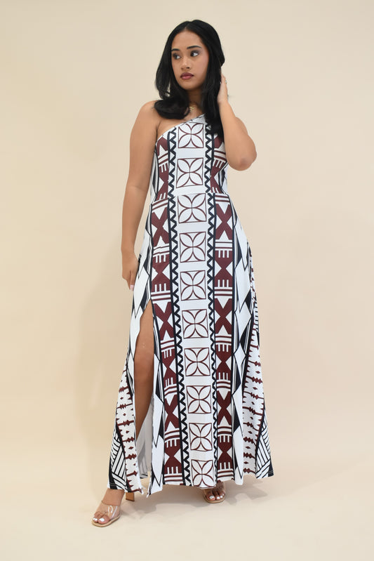 (PRE-ORDER) ARIHI DRESS - ONE SHOULDER MAXI DRESS - WHITE MELANESIAN PATTERN