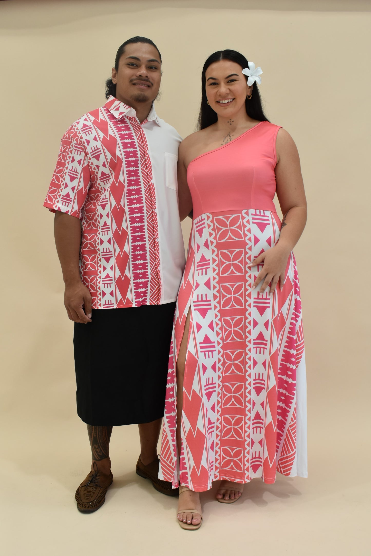 KANANI DRESS - ONE SHOULDER MAXI DRESS - HOT PINK MELANESIAN PATTERN