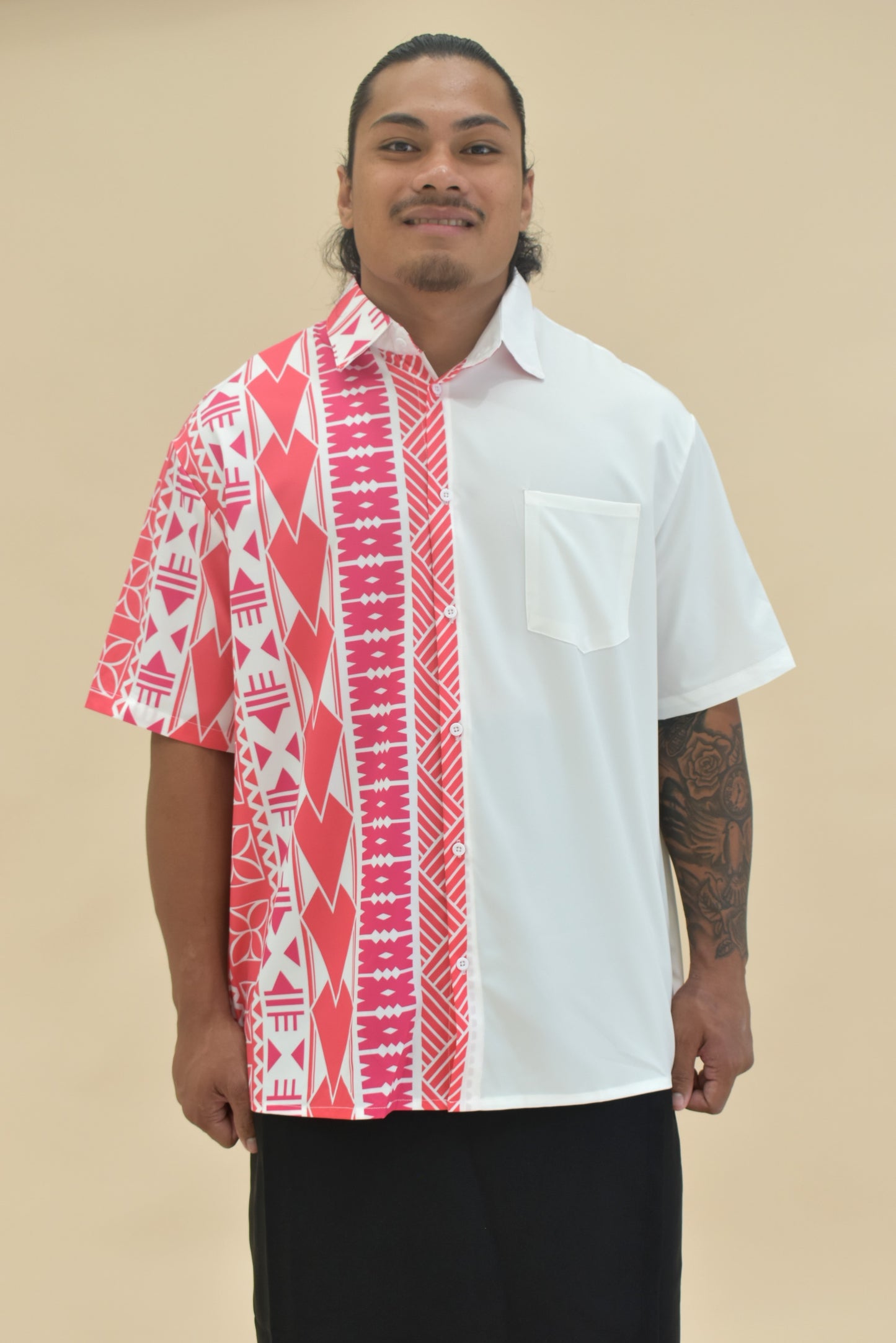 KALEI SHIRT - COLLARED BUTTON UP SHIRT - PINK & WHITE MELANESIAN PATTERN