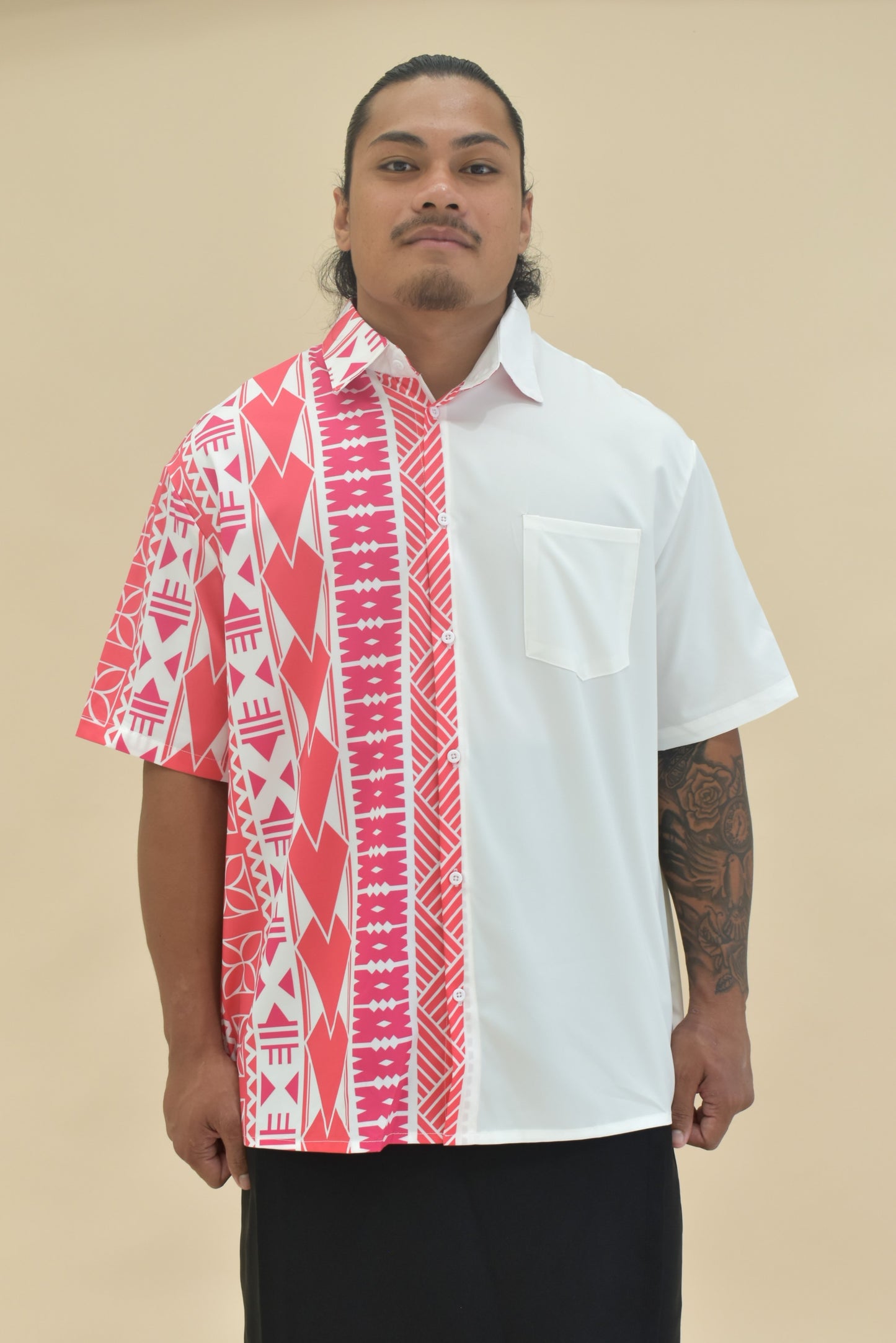 KALEI SHIRT - COLLARED BUTTON UP SHIRT - PINK & WHITE MELANESIAN PATTERN