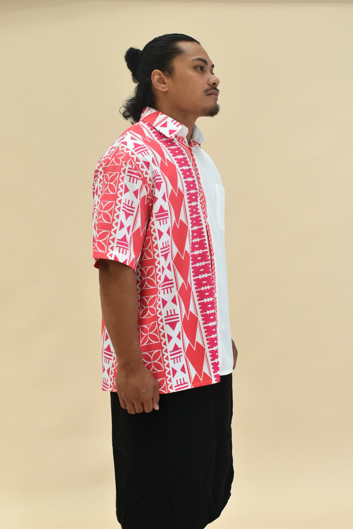 KALEI SHIRT - COLLARED BUTTON UP SHIRT - PINK & WHITE MELANESIAN PATTERN