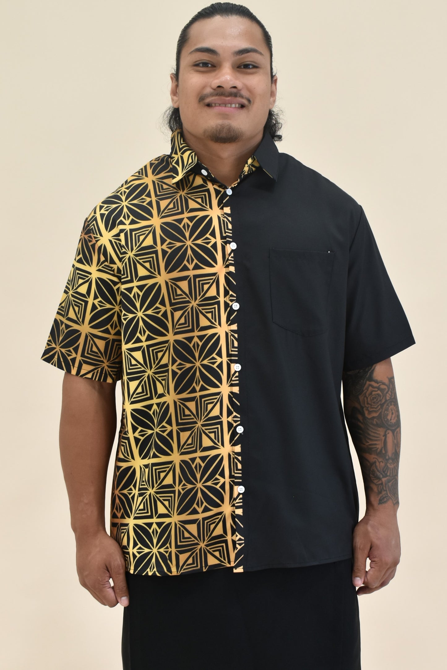 GOLD TIARE- MENS SHIRT - COLLARED BUTTON UP - GOLD & BLACK