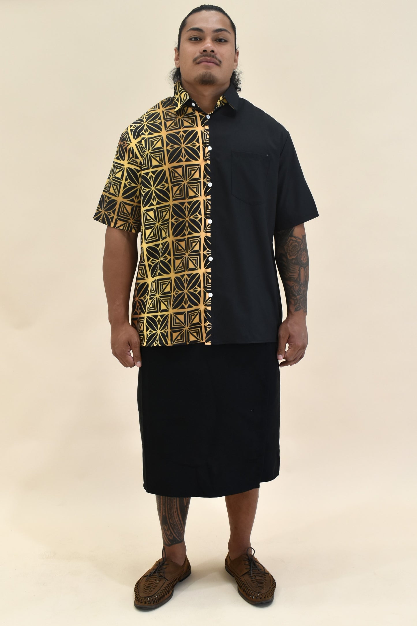 GOLD TIARE- MENS SHIRT - COLLARED BUTTON UP - GOLD & BLACK