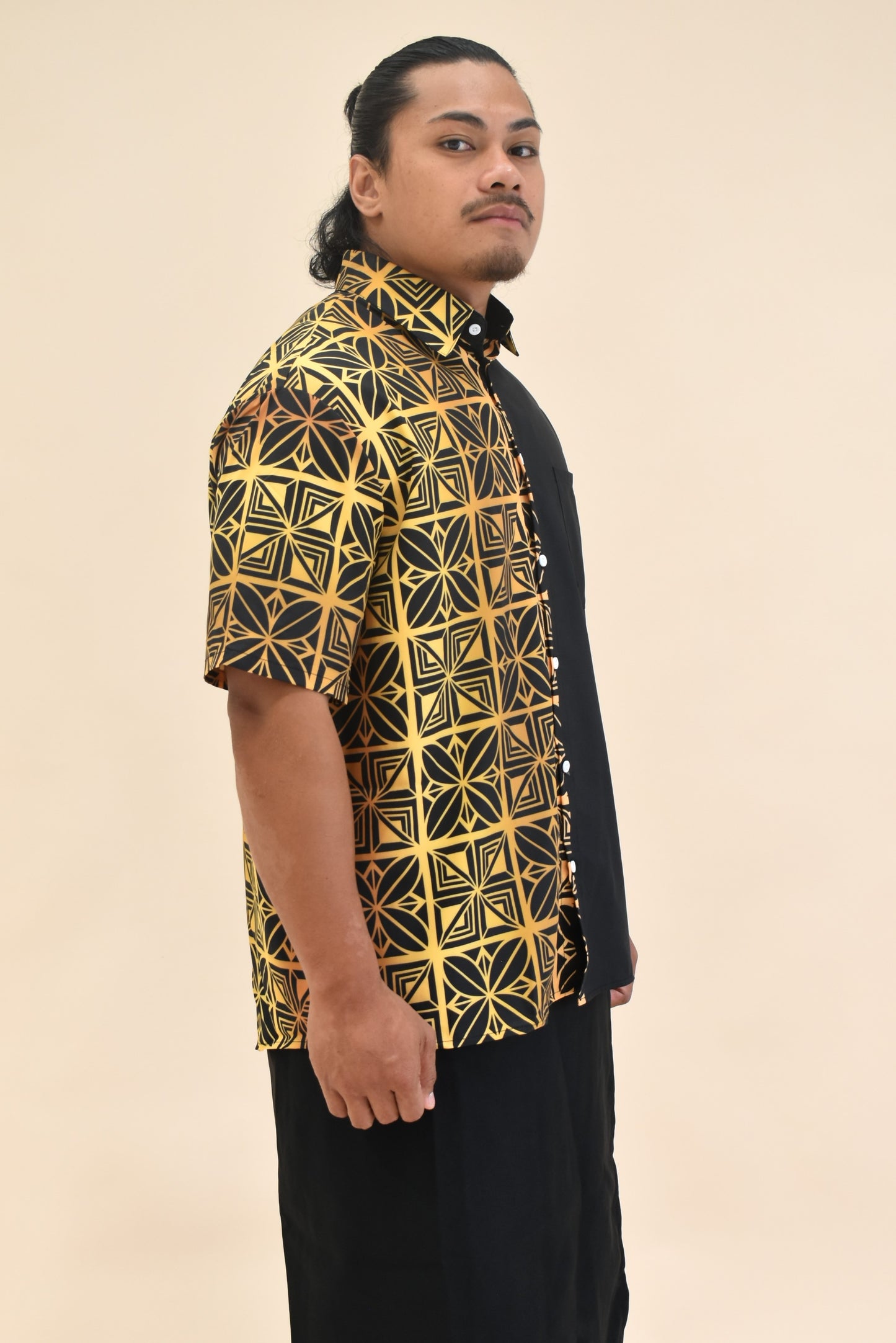 GOLD TIARE- MENS SHIRT - COLLARED BUTTON UP - GOLD & BLACK