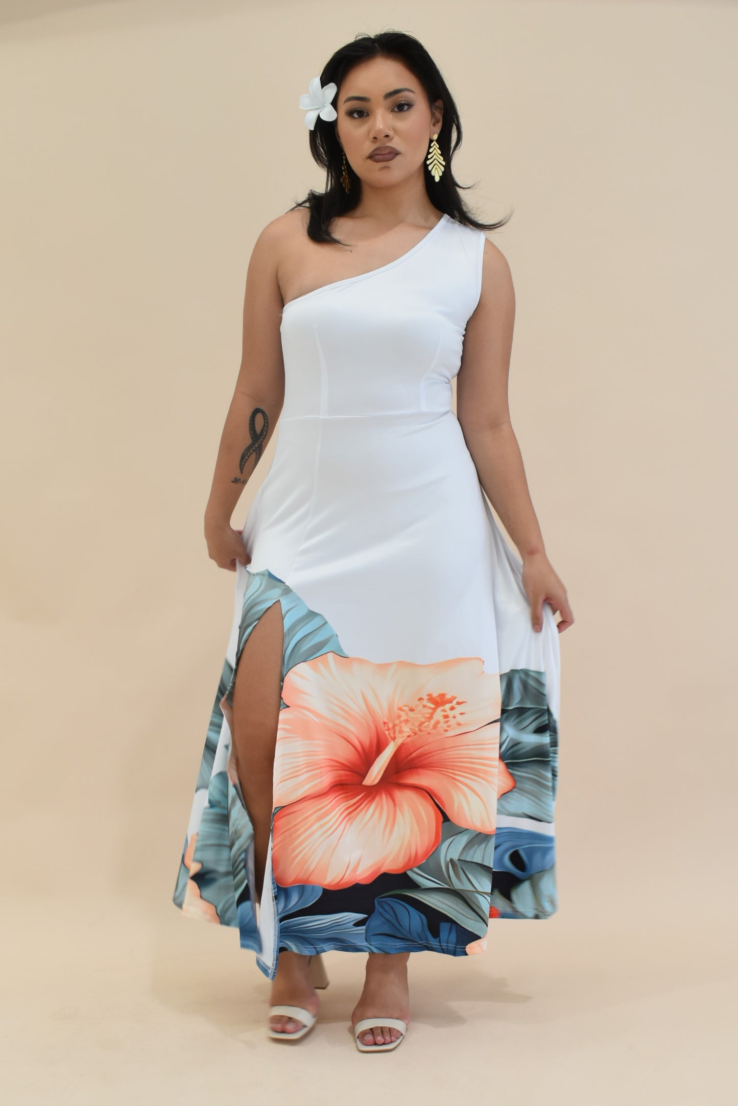 (PRE-ORDER) LANA DRESS - ONE SHOULDER MAXI DRESS - WHITE FLORAL PATTERN
