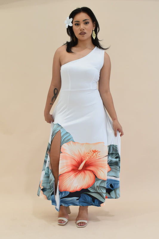 (PRE-ORDER) LANA DRESS - ONE SHOULDER MAXI DRESS - WHITE FLORAL PATTERN