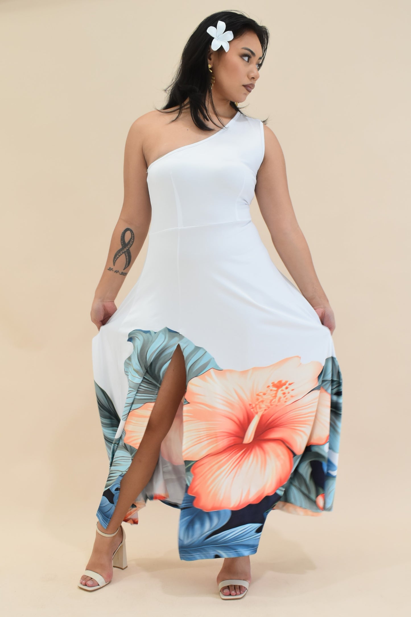 (PRE-ORDER) LANA DRESS - ONE SHOULDER MAXI DRESS - WHITE FLORAL PATTERN