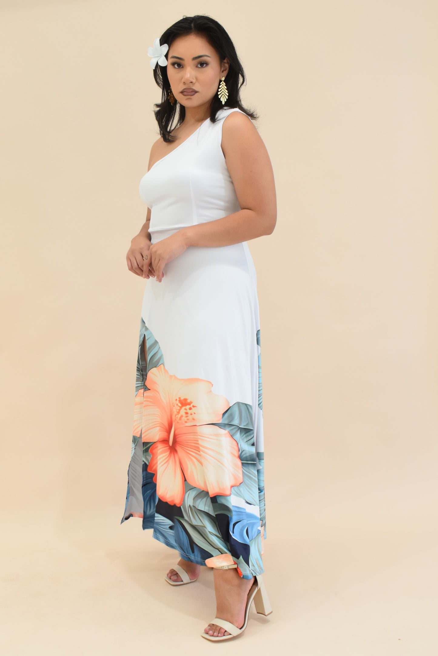 (PRE-ORDER) LANA DRESS - ONE SHOULDER MAXI DRESS - WHITE FLORAL PATTERN