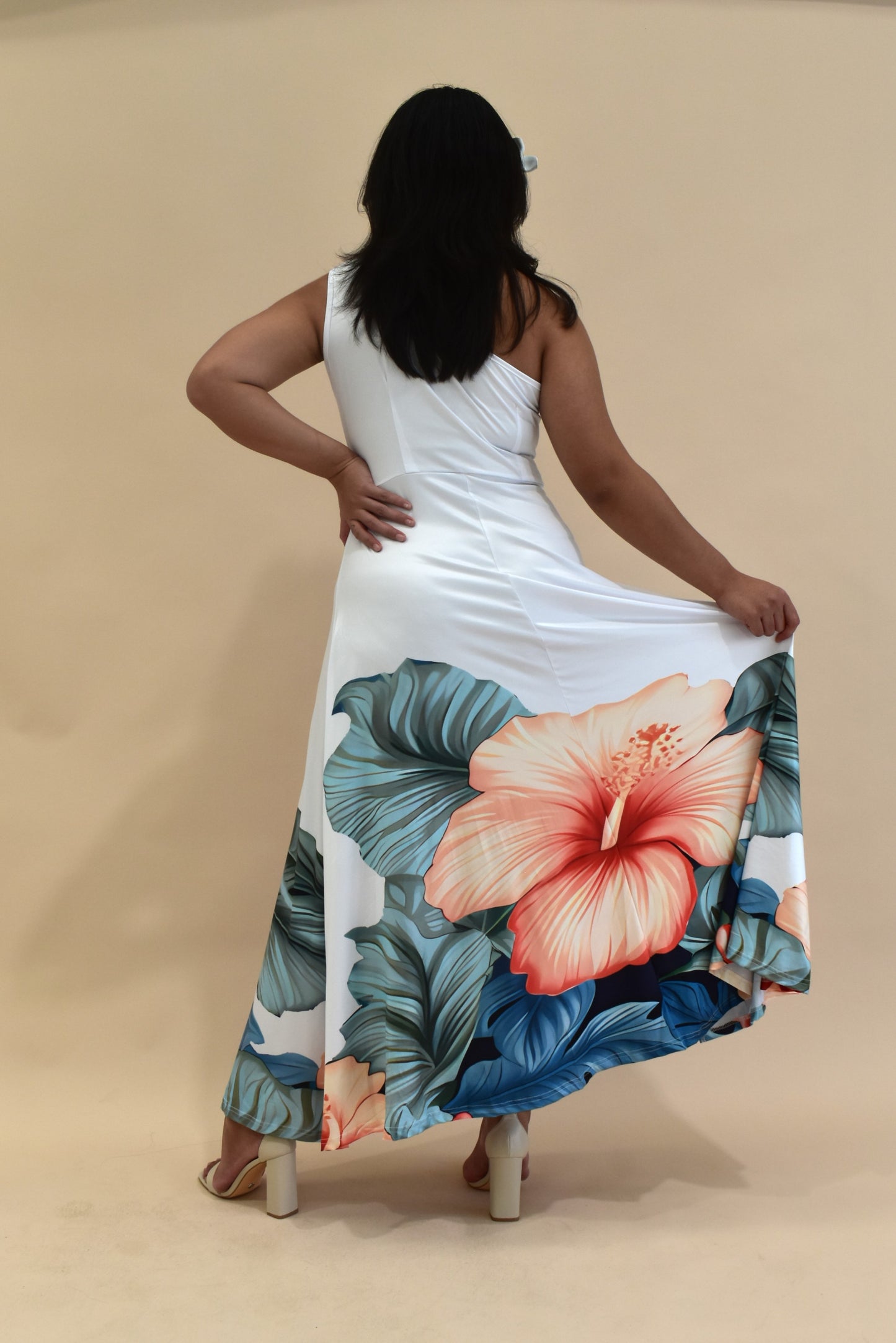 (PRE-ORDER) LANA DRESS - ONE SHOULDER MAXI DRESS - WHITE FLORAL PATTERN