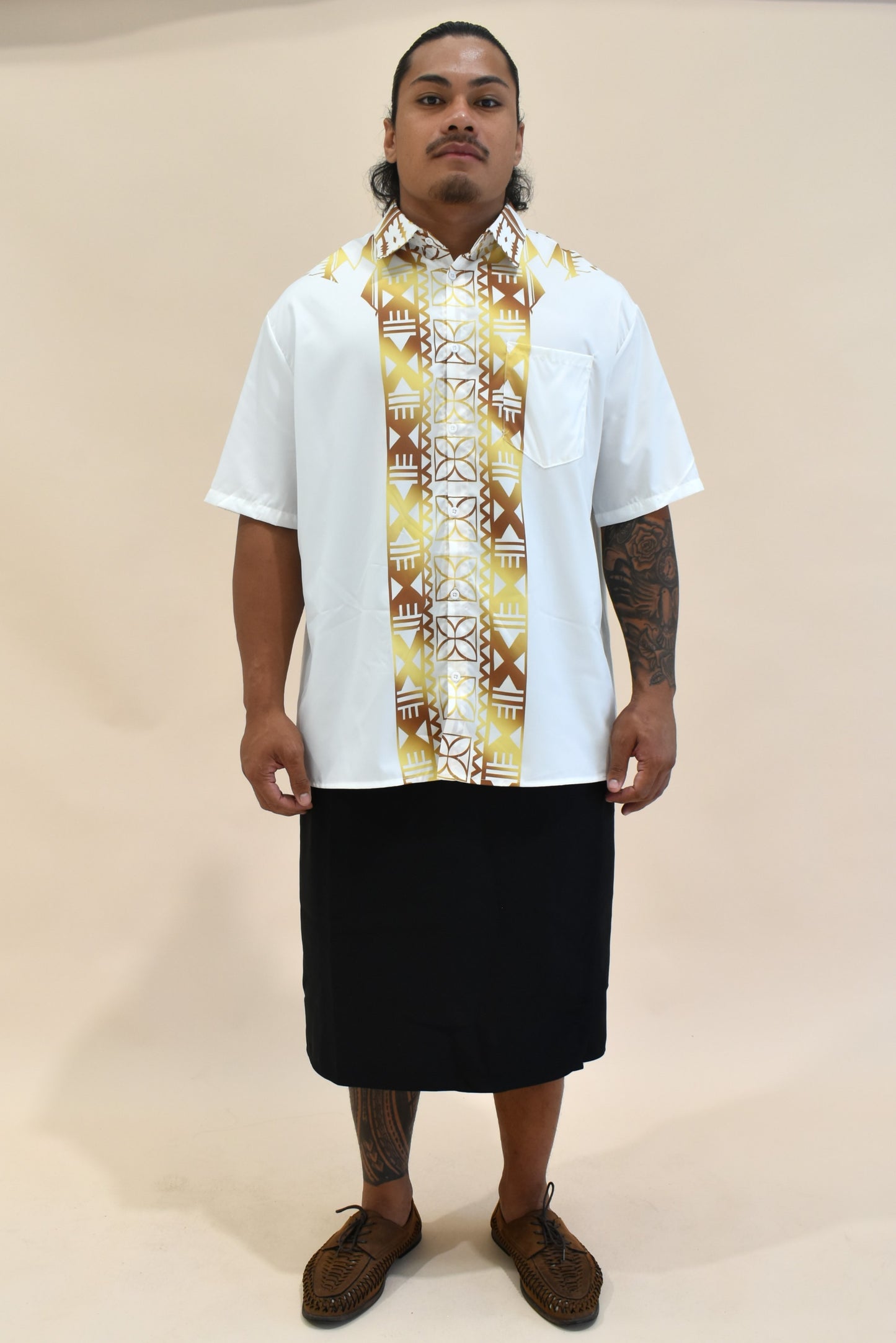 ESEKIA SHIRT - MENS SHIRT - COLLARED BUTTON UP - WHITE & GOLD
