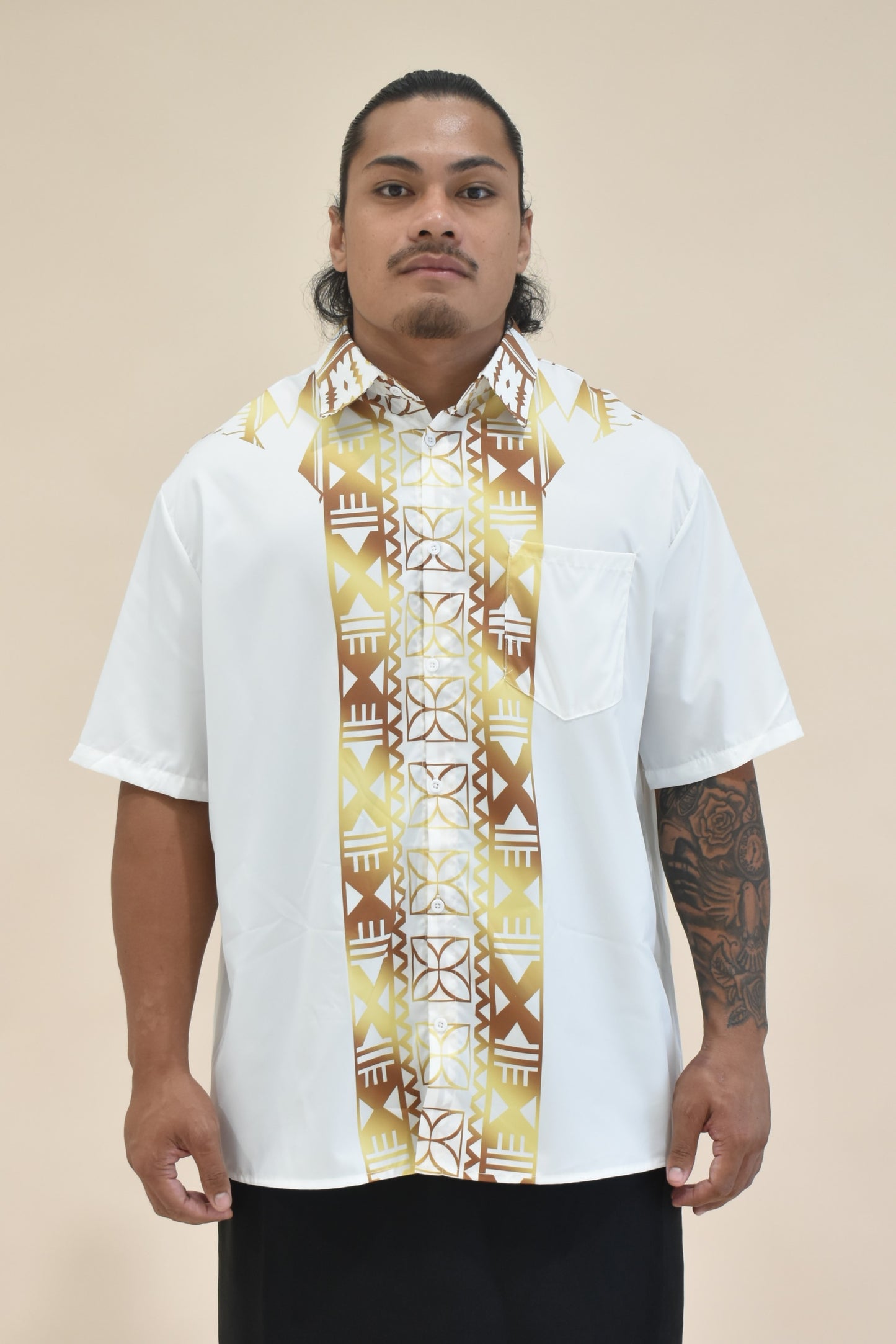 ESEKIA SHIRT - MENS SHIRT - COLLARED BUTTON UP - WHITE & GOLD