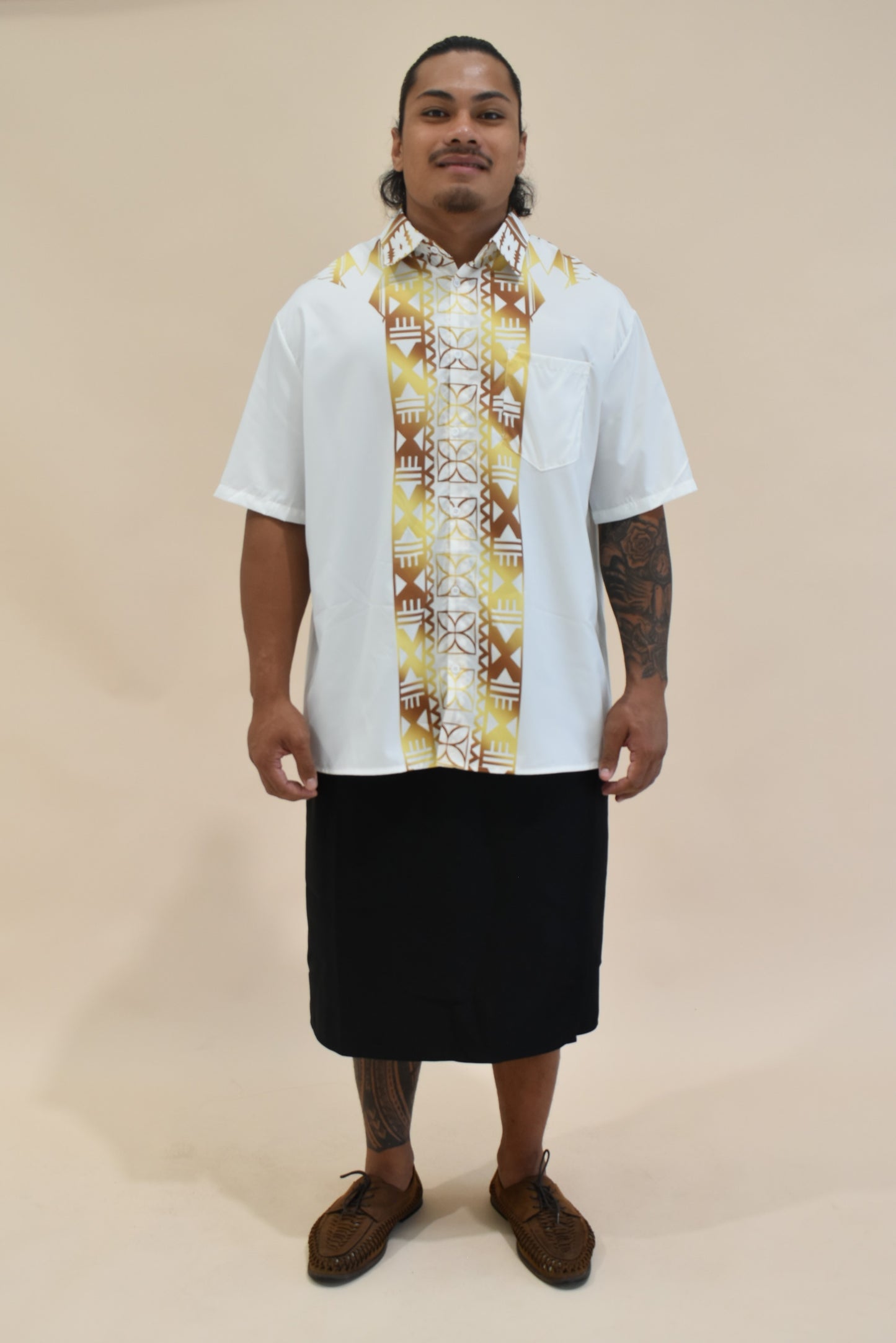 ESEKIA SHIRT - MENS SHIRT - COLLARED BUTTON UP - WHITE & GOLD