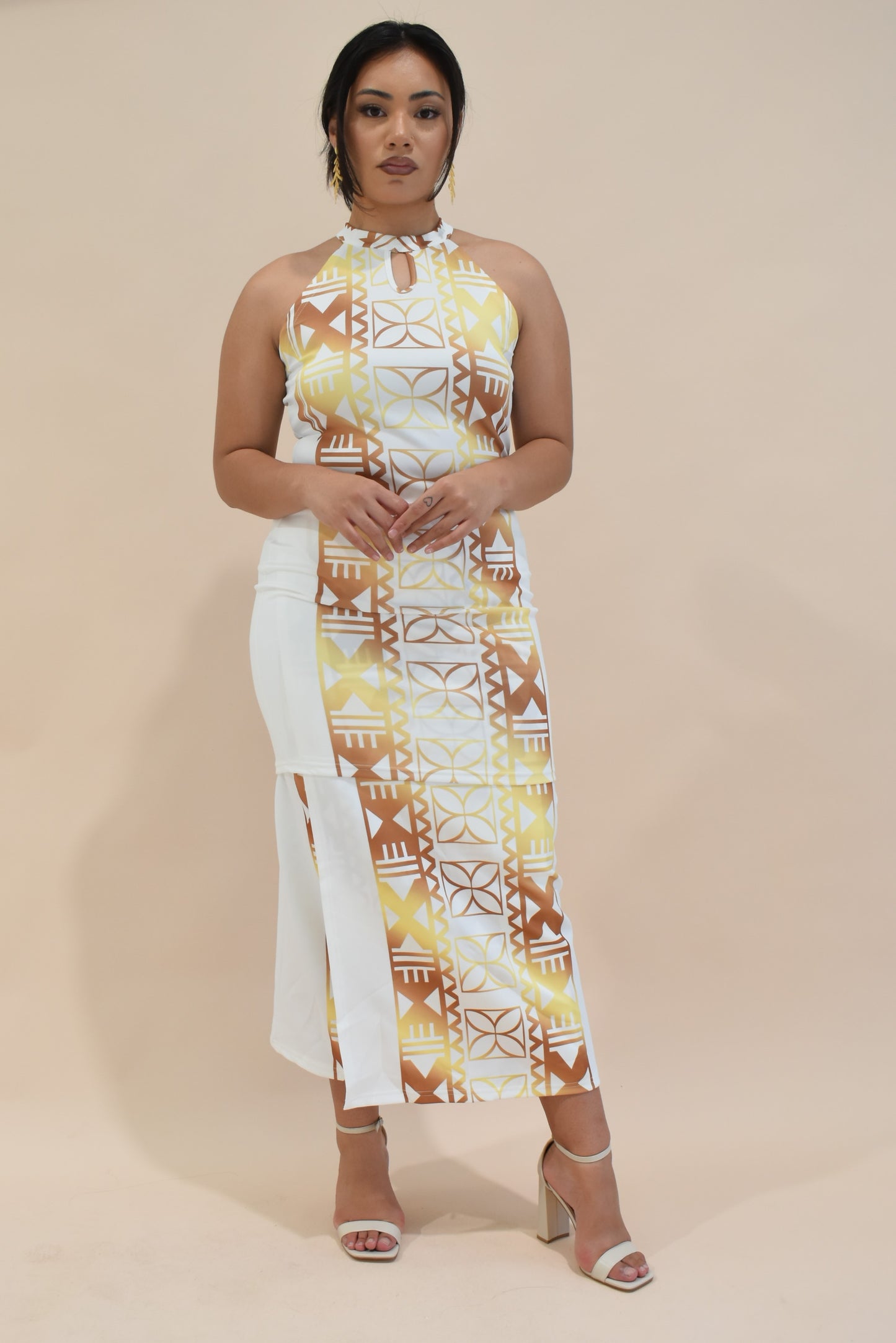 ELEI PULETASI - HALTER NECK PULETASI - TWO PIECE OUTFIT - WHITE & GOLD