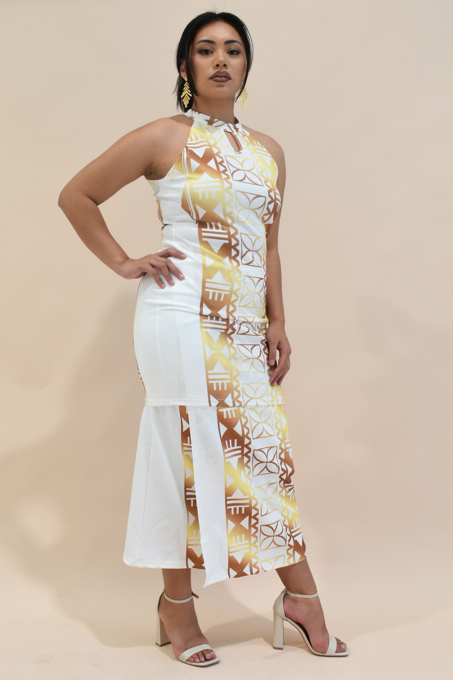 ELEI PULETASI - HALTER NECK PULETASI - TWO PIECE OUTFIT - WHITE & GOLD