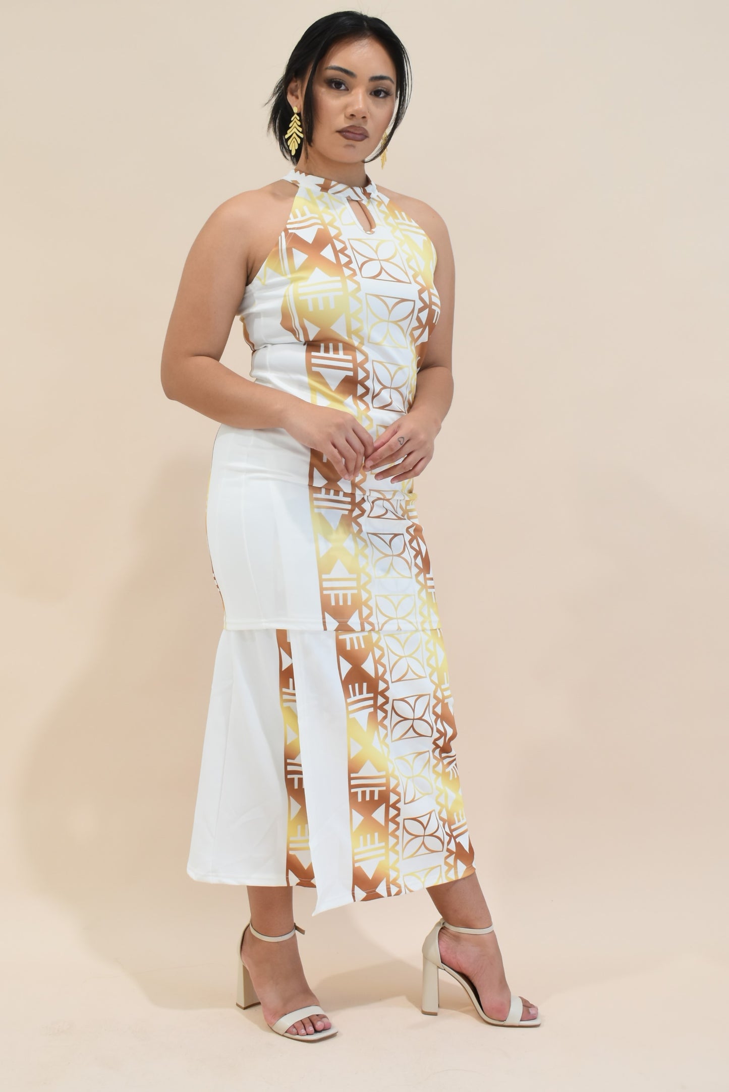 ELEI PULETASI - HALTER NECK PULETASI - TWO PIECE OUTFIT - WHITE & GOLD