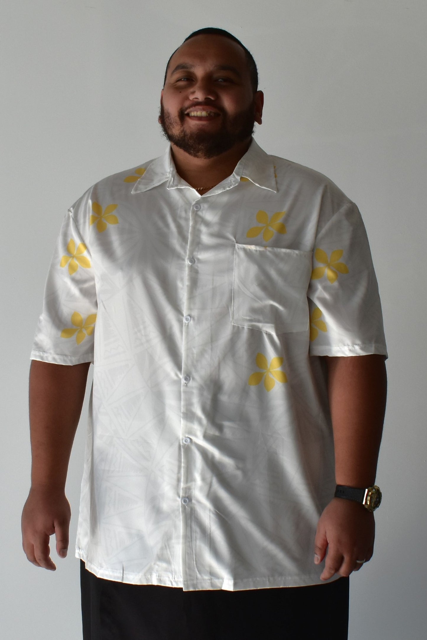 MINI TIARE - MENS BUTTON UP SHIRT - GOLD & WHITE