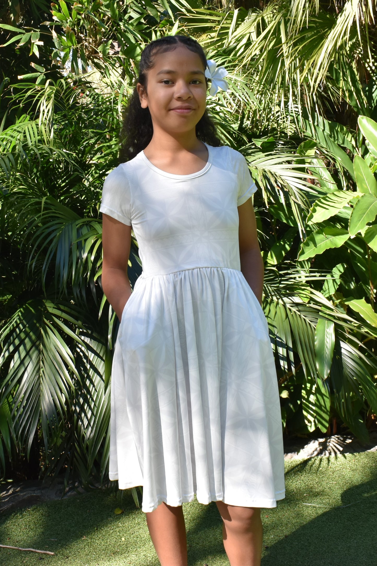 LILO GIRLS DRESS - MIDI FLOWY DRESS W/POCKETS - WHITE 1