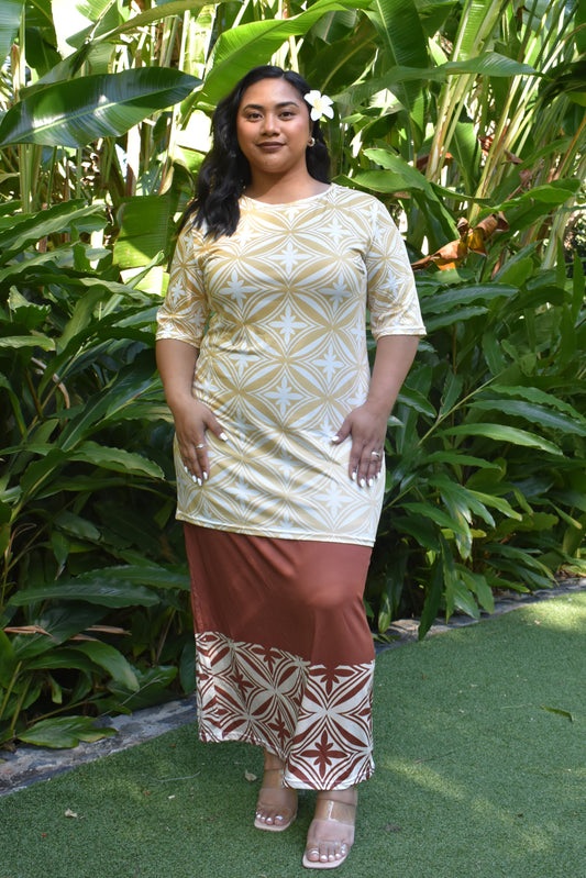 MEILANI PULETASI DRESS - CREAM & BROWN