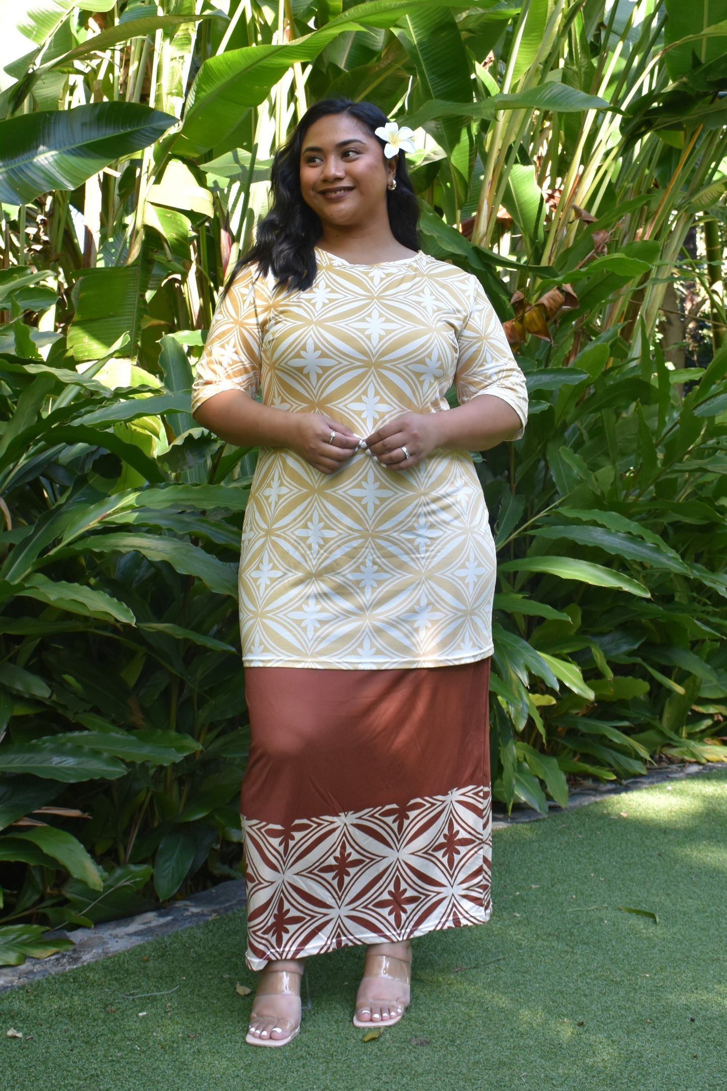 MEILANI PULETASI DRESS - CREAM & BROWN