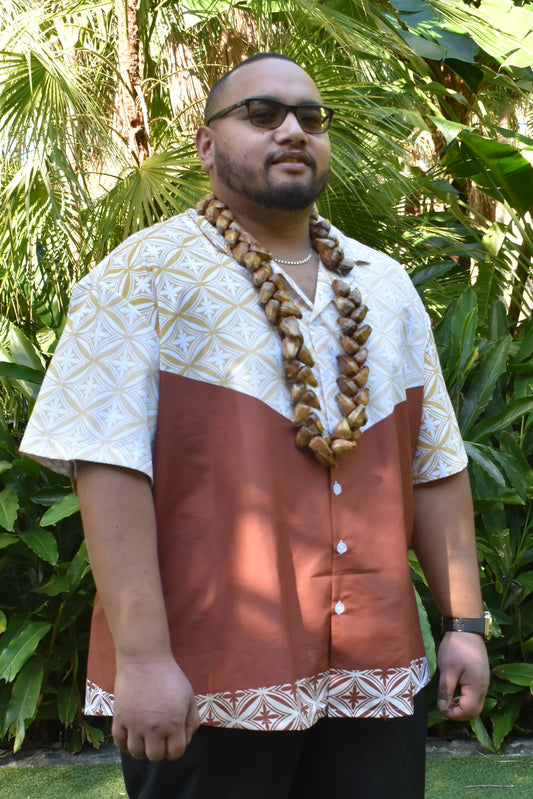 MAKAIO SHIRT - MENS SHIRT - COLLARED BUTTON UP - CREAM & BROWN