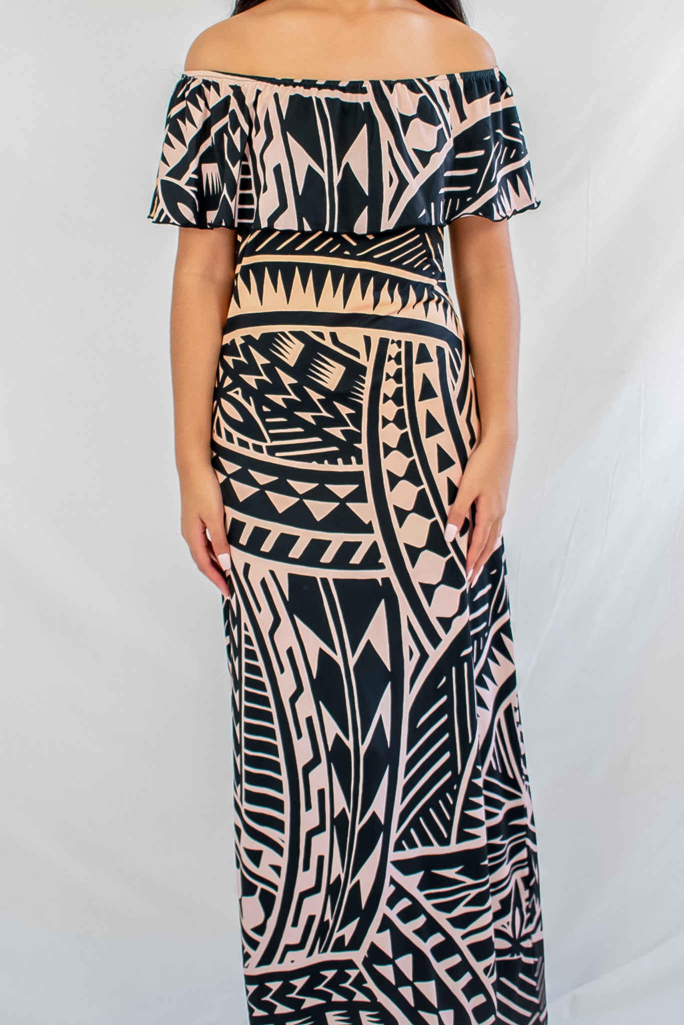 RIMA DRESS - OFF SHOULDER FRILL DESIGN - OMBRE GOLD AND BLACK