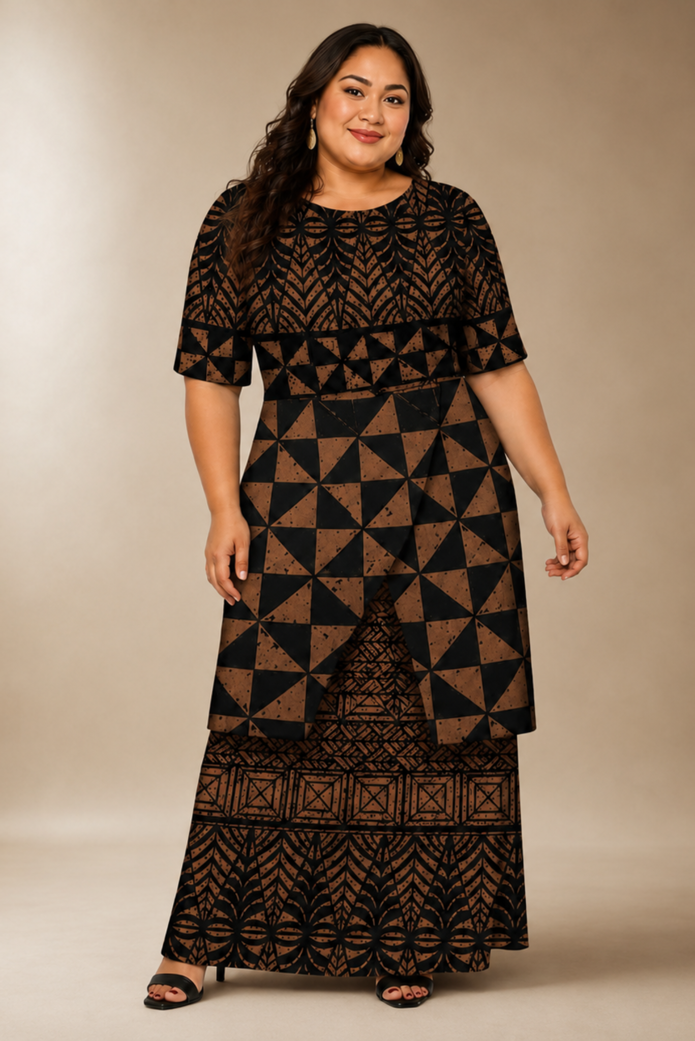 (PRE-ORDER) ROUND NECK LAYERED PULETASI - TWO PIECE OUTFIT - BROWN & BLACK