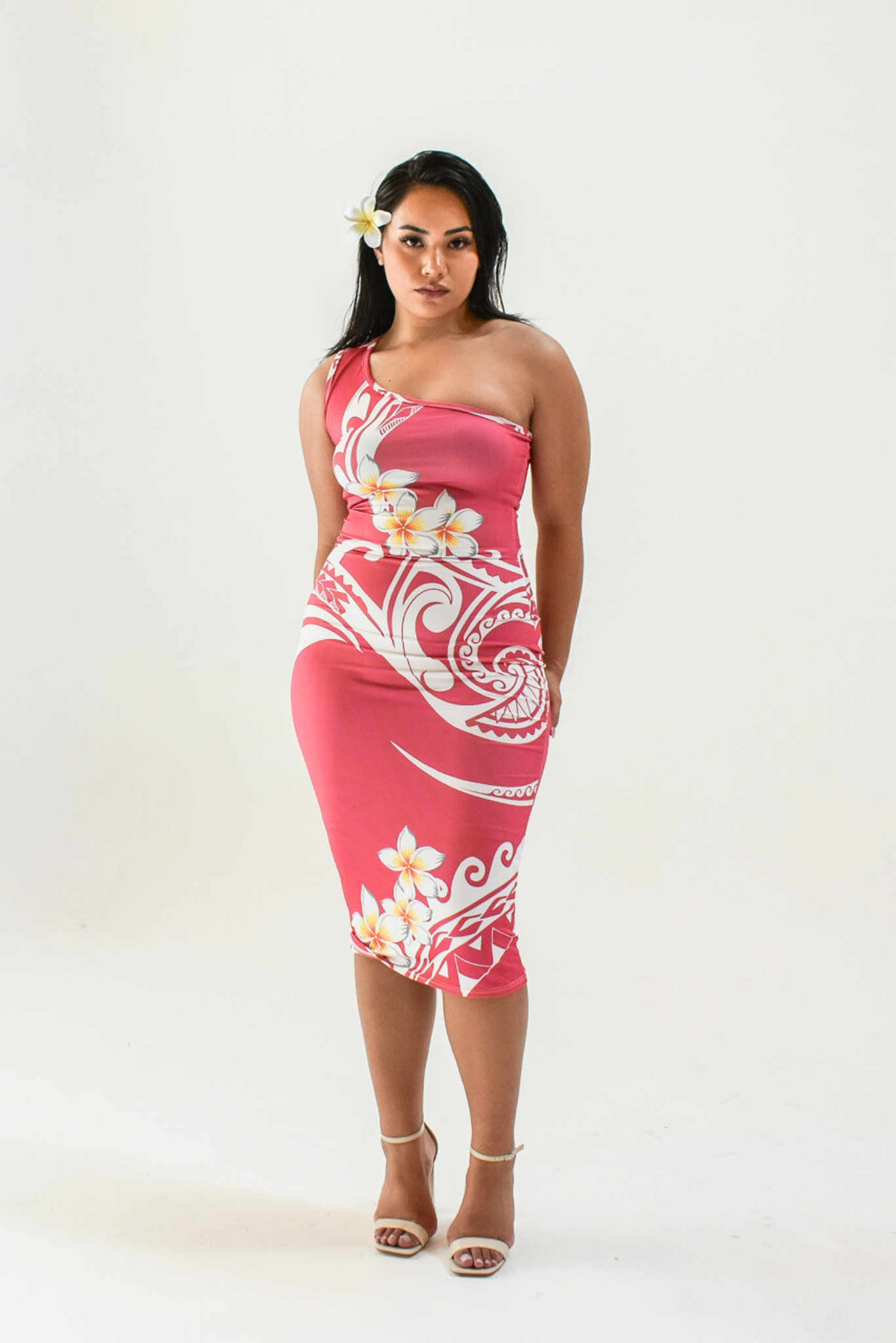 DAVINA DRESS - ONE SLEEVE MIDI LENGTH - PINK & WHITE